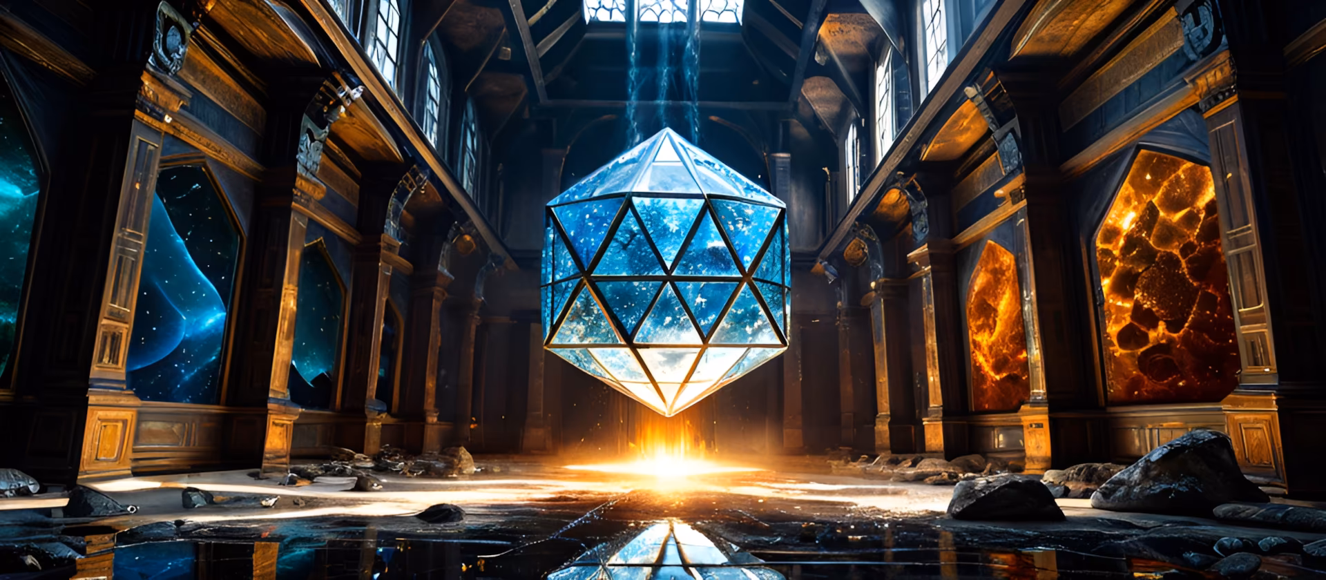 image d'illustration représentant une vieille pièce vide, une sorte d'atelier où se forgent des éléments géométrique et non géométriques