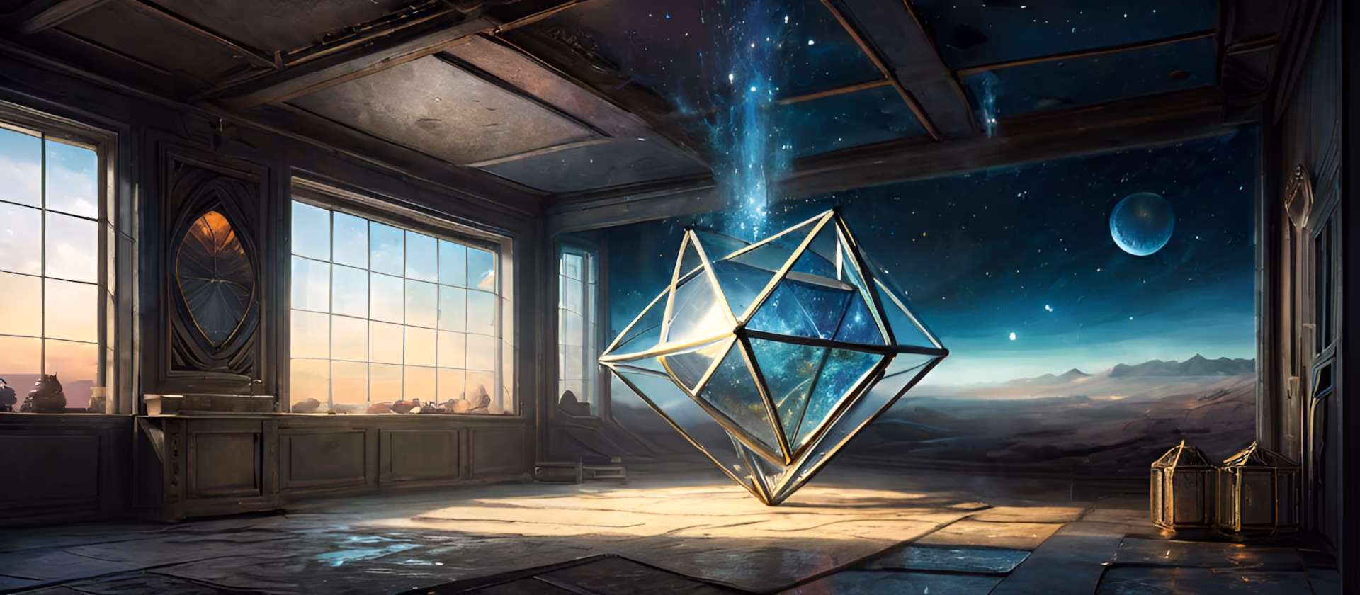 image d'illustration représentant une vieille pièce vide, une sorte d'atelier où se forgent des éléments géométrique et non géométriques