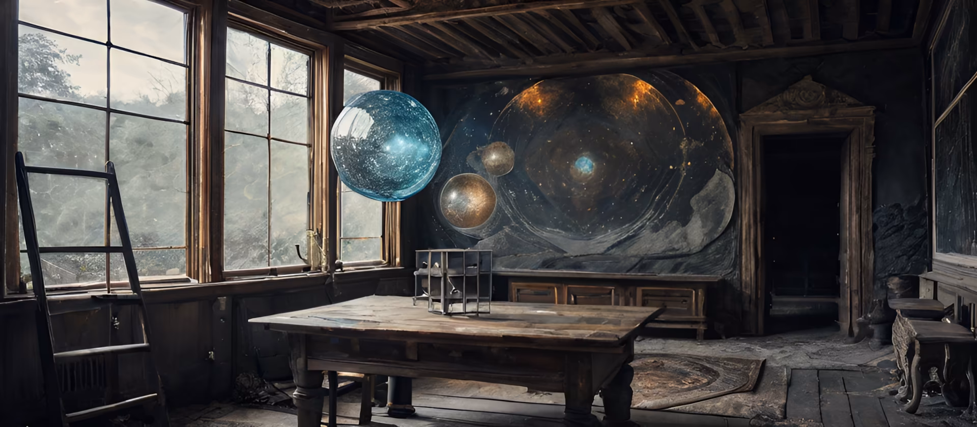 image d'illustration représentant une vieille pièce vide, une sorte d'atelier où se forgent des éléments géométrique et non géométriques