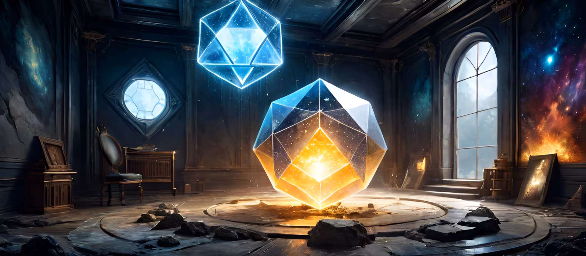 image d'illustration représentant une vieille pièce vide, une sorte d'atelier où se forgent des éléments géométrique et non géométriques