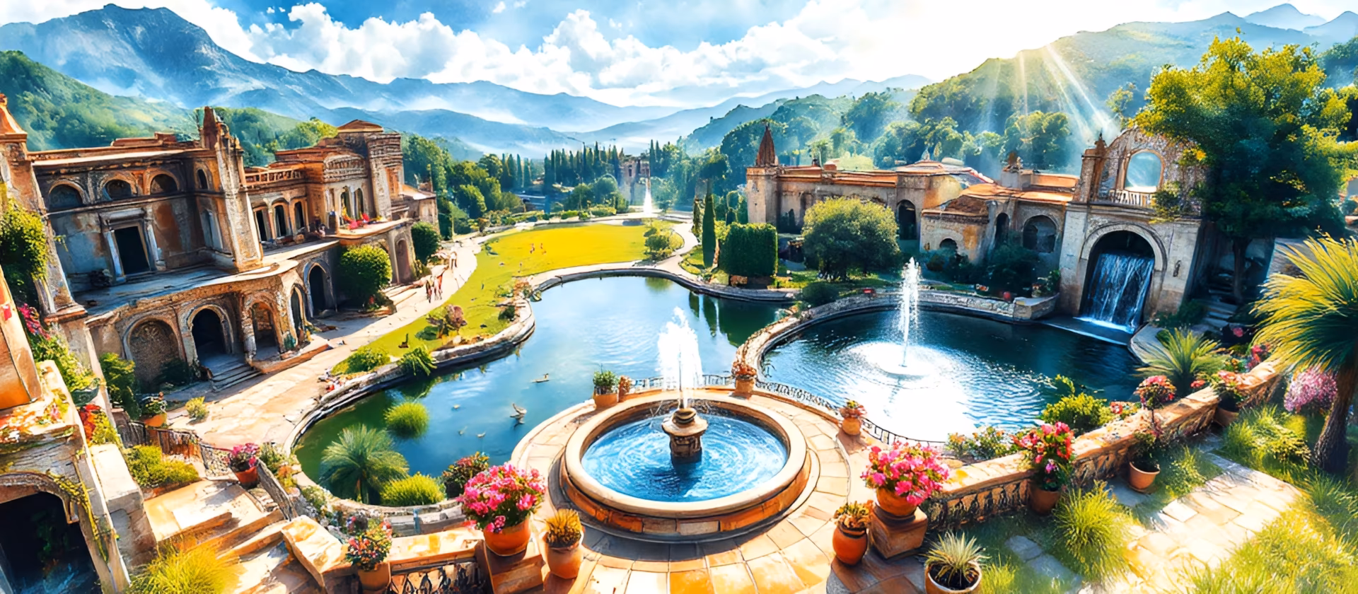 image d'illustration représentant une construction, ancienne et immense, avec, en son centre, plusieurs fontaines et piscines, une vue aérienne sous un jour d'été.