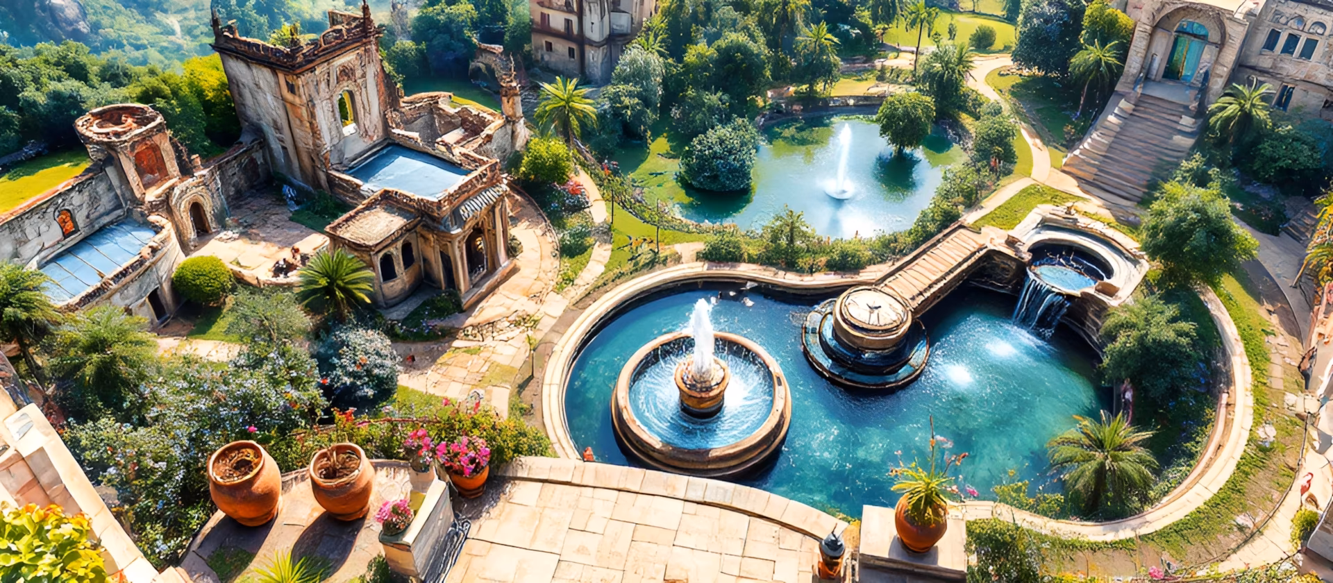 image d'illustration représentant une construction, ancienne et immense, avec, en son centre, plusieurs fontaines et piscines, une vue aérienne sous un jour d'été.