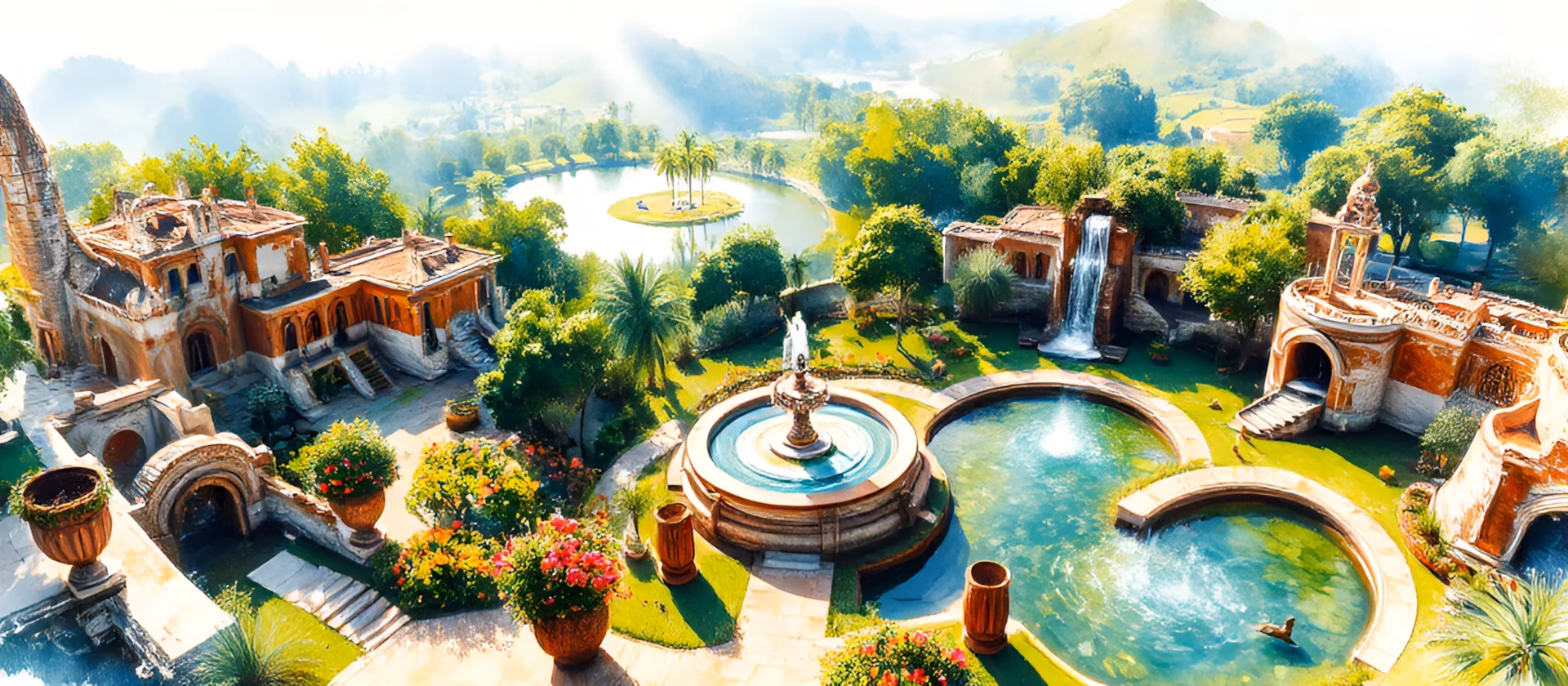 image d'illustration représentant une construction, ancienne et immense, avec, en son centre, plusieurs fontaines et piscines, une vue aérienne sous un jour d'été.