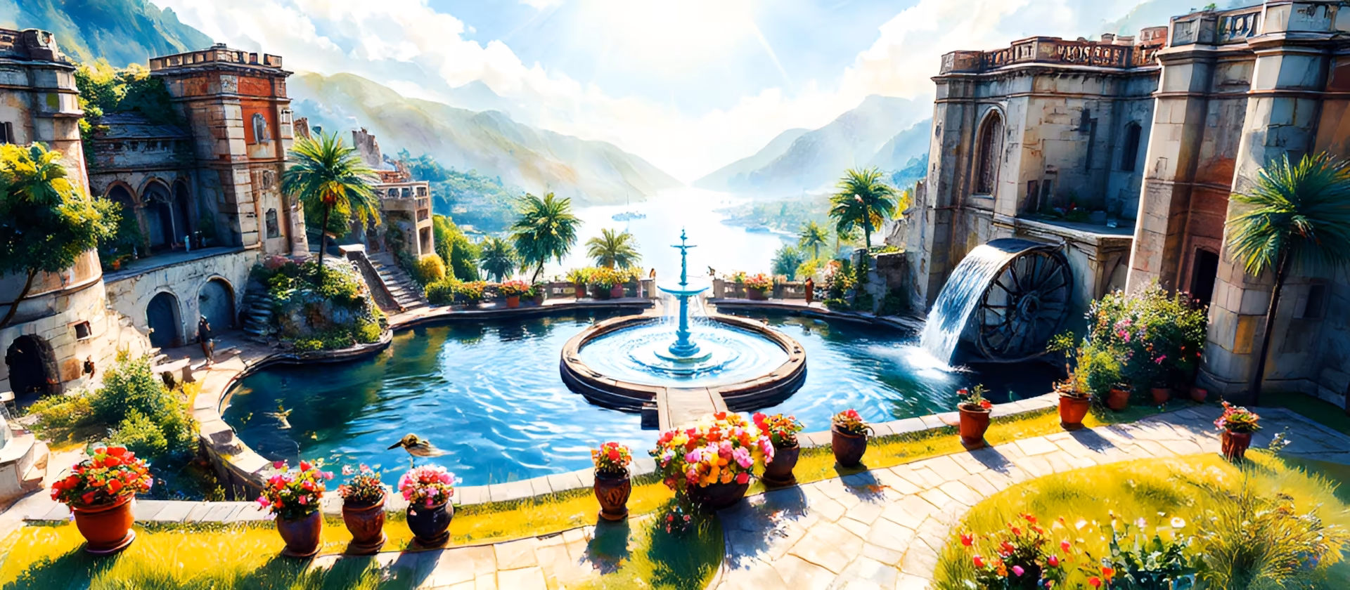 image d'illustration représentant une construction, ancienne et immense, avec, en son centre, plusieurs fontaines et piscines, une vue aérienne sous un jour d'été.